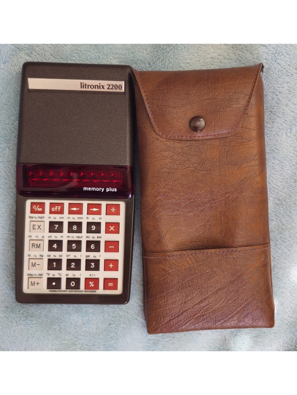 Litronix 2200R Vintage Memory Plus Calculator with Brown Carrying Case. Working